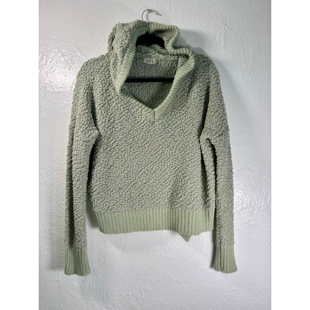 POL Green V-Neck Knit Hoodie Sweater Oversized S Comfy Cute Coastal Cabin Pastel